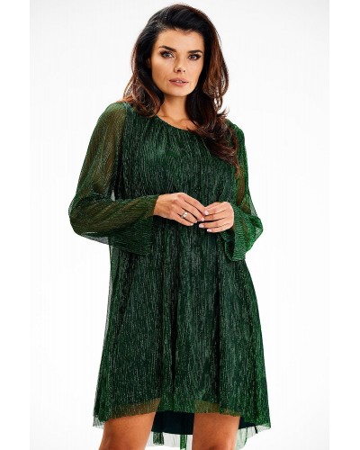 Rochie scurta verde din glitter cu maneca lunga Kyelle - dyandra.ro