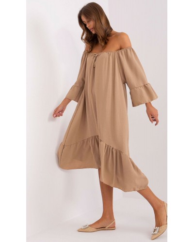 Rochie de vara midi, maro, oversize, cu volane, vaporoasa, Makadamia - dyandra.ro