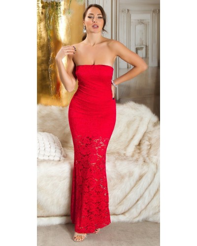 Rochie lunga rosie mulata din dantela cu umerii goi Arina - dyandra.ro