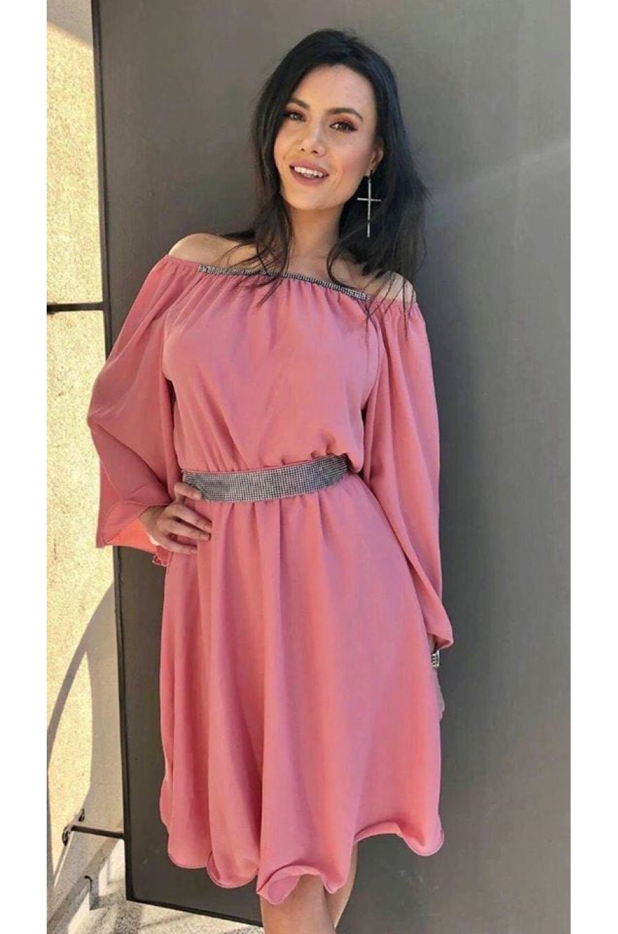 Rochie de ocazie midi vaporoasa din voal roz Alexia 1 - dyandra.ro