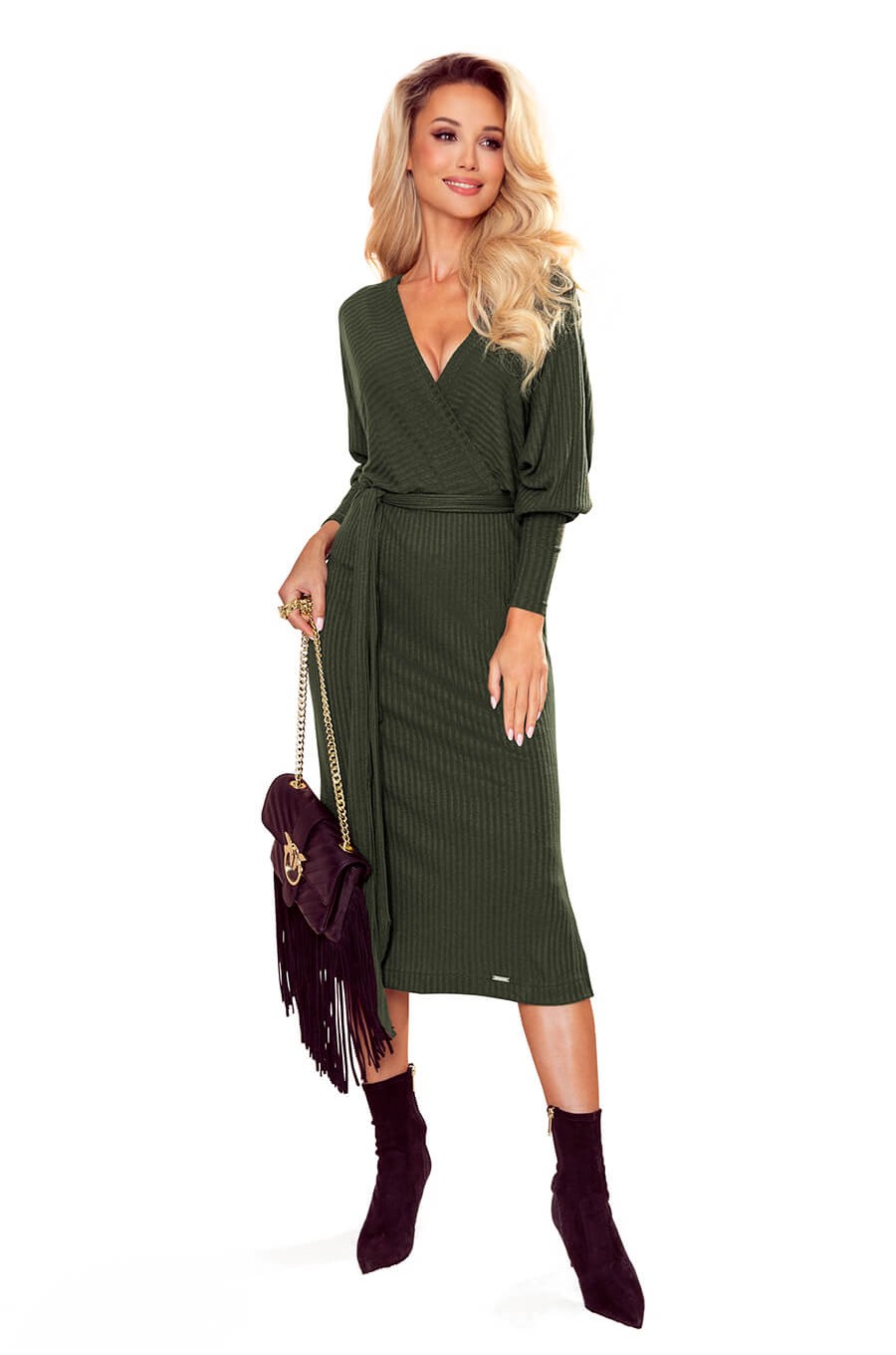 Rochie tricotata, eleganta, midi, kaki, cu decolteu plic Danyela 3 - dyandra.ro