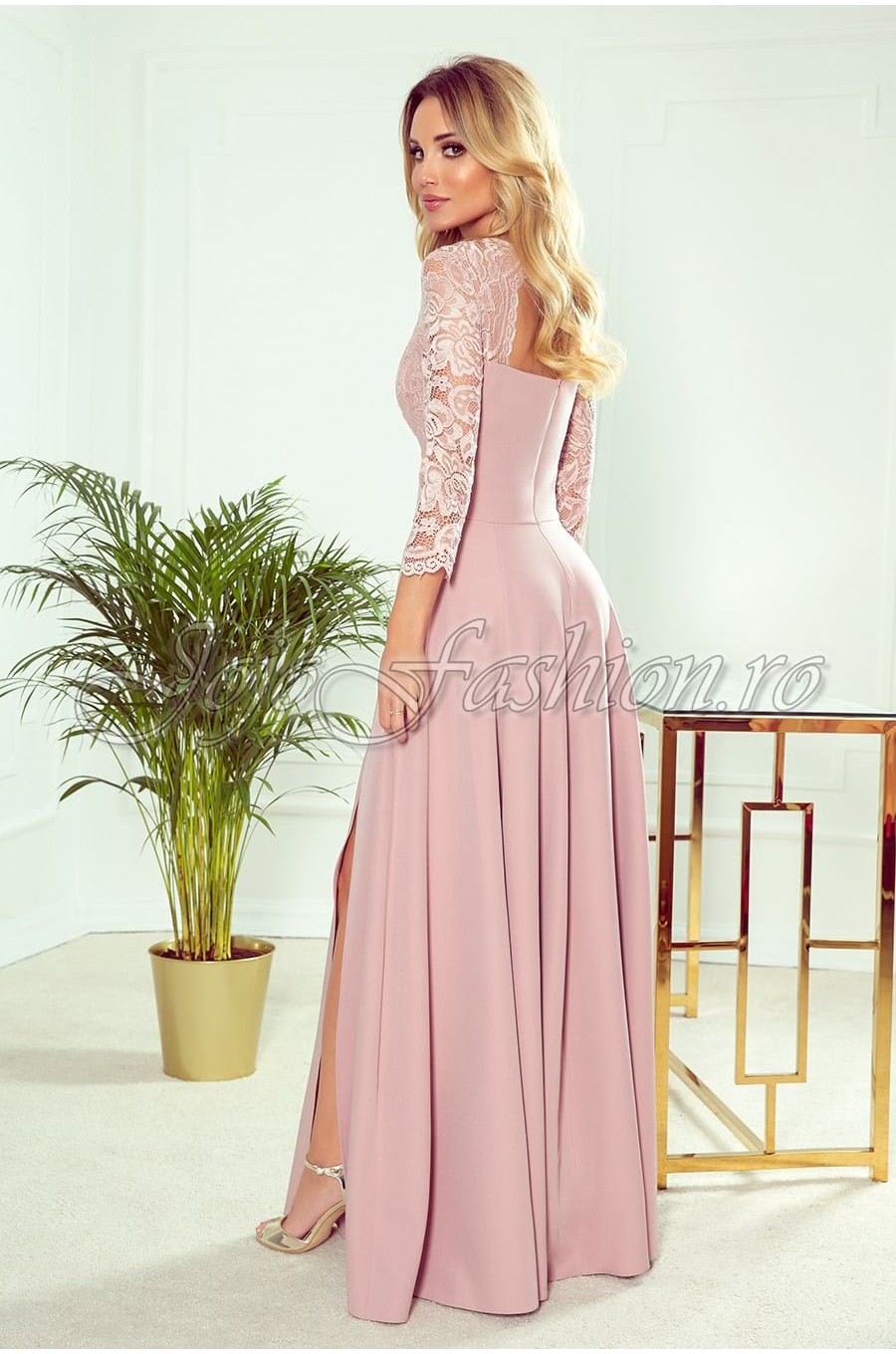 Rochie de seara eleganta roz pal din dantela vaporoasa cu maneca lunga Allegria 3 - dyandra.ro