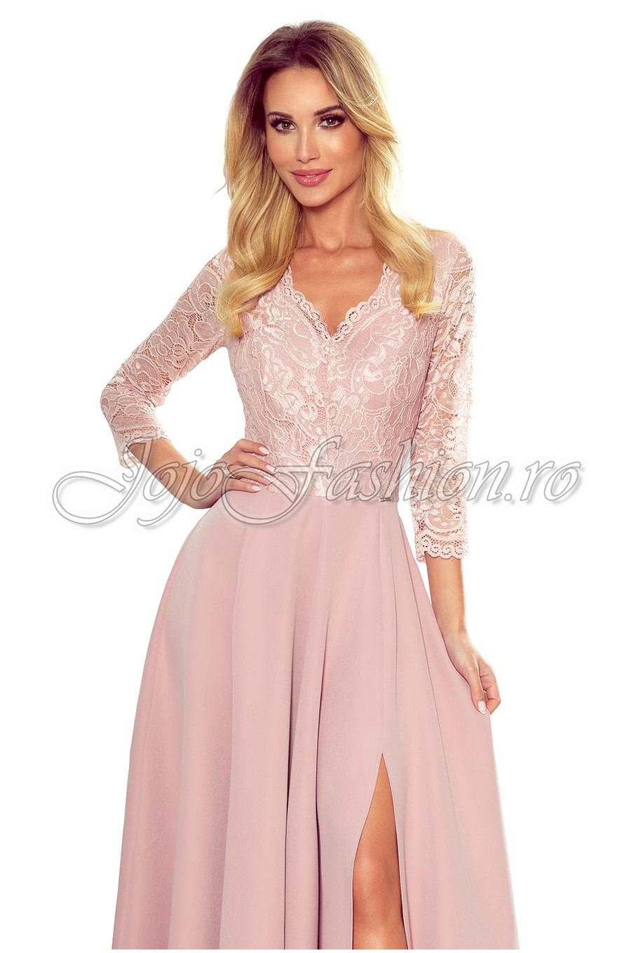 Rochie de seara eleganta roz pal din dantela vaporoasa cu maneca lunga Allegria 4 - dyandra.ro
