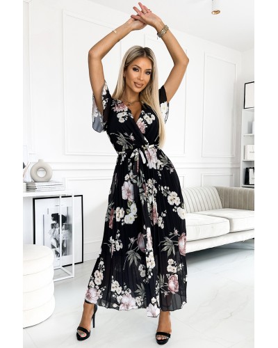 Rochie neagra cu flori albe plisata vaporoasa Isolda - dyandra.ro