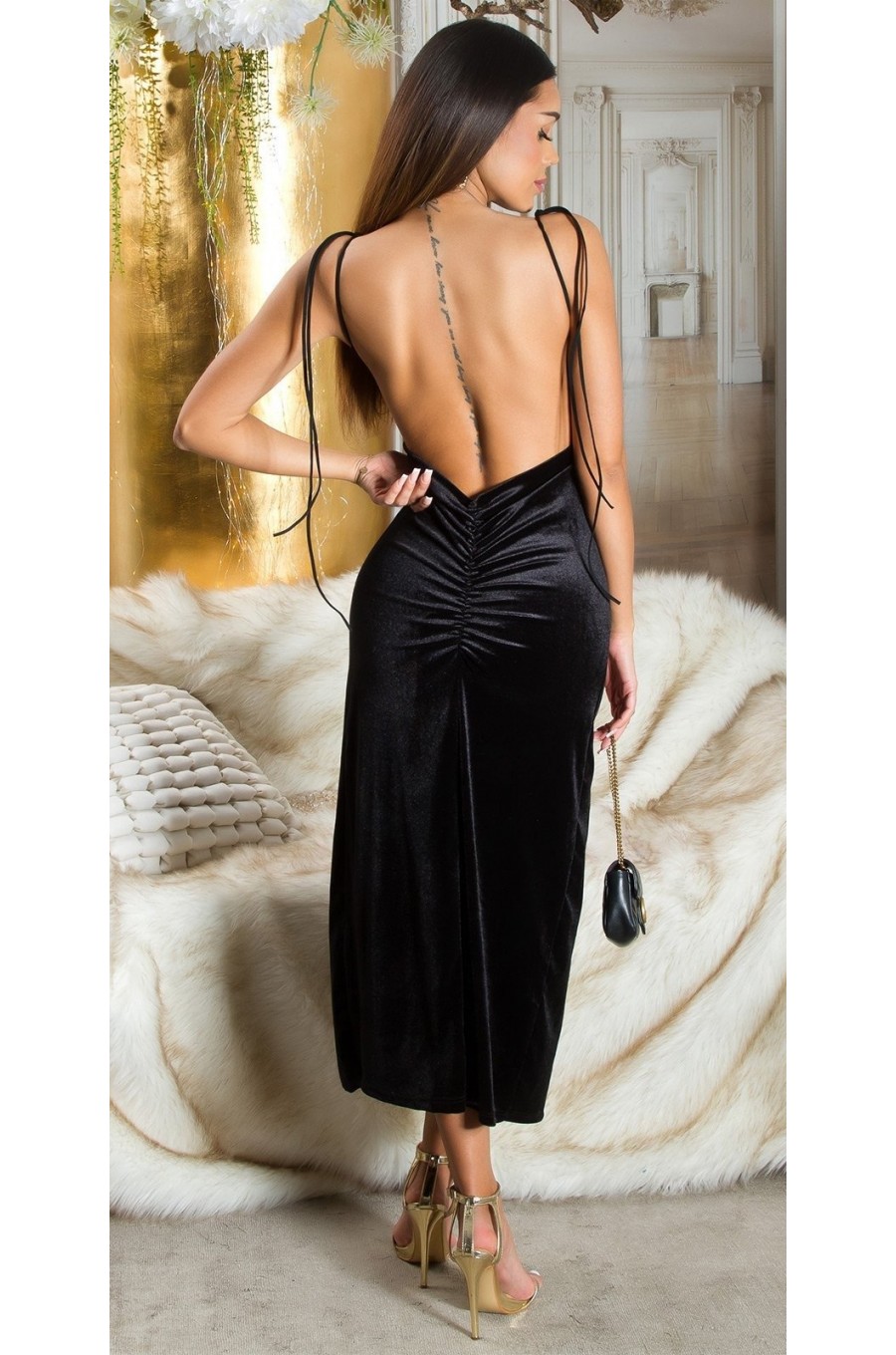 Rochie de seara lunga, din catifea, neagra, mulata, cu spatele gol, Namira 1 - dyandra.ro