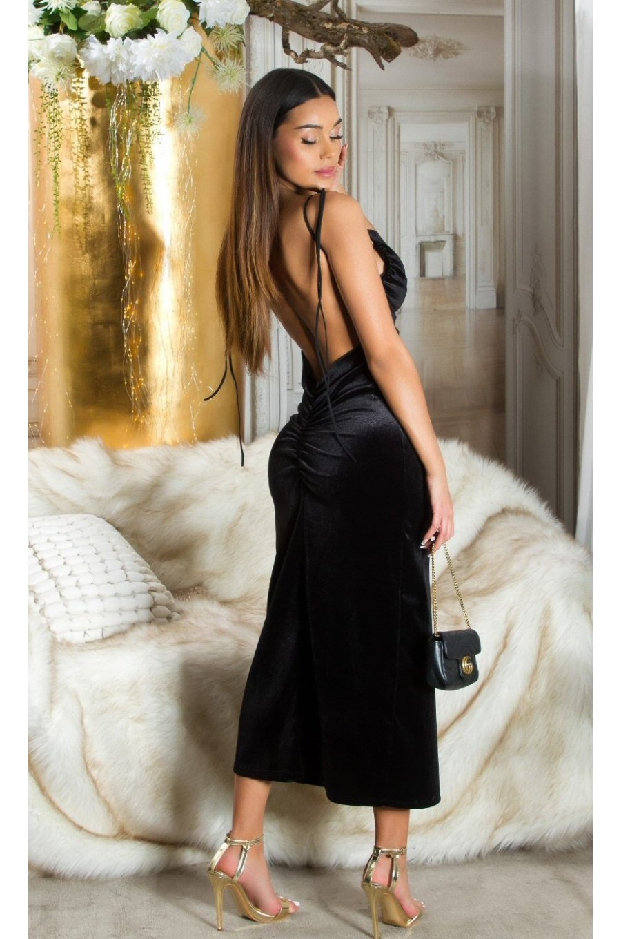 Rochie de seara lunga, din catifea, neagra, mulata, cu spatele gol, Namira 3 - dyandra.ro