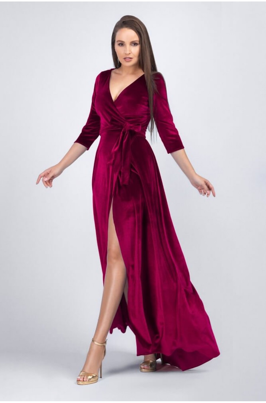 Rochie lunga rosie burgundy din catifea Agnes 1 - dyandra.ro