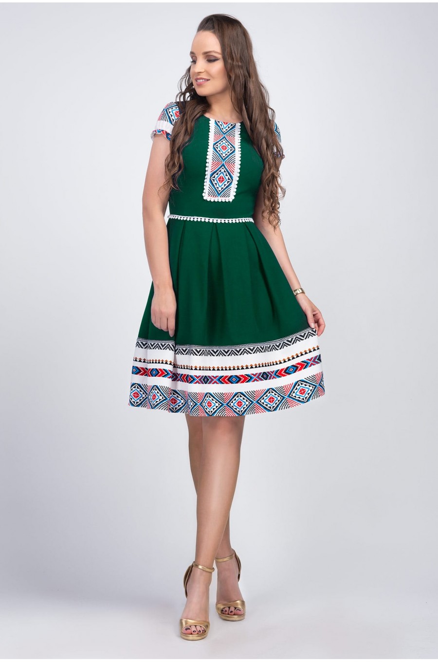 Rochie scurta verde cu motive traditionale Doinita 2 - dyandra.ro