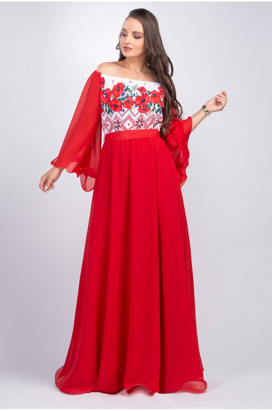 Rochie lunga rosie cu motive traditionale cu maci din voal vaporoasa Salomeea 1 - dyandra.ro