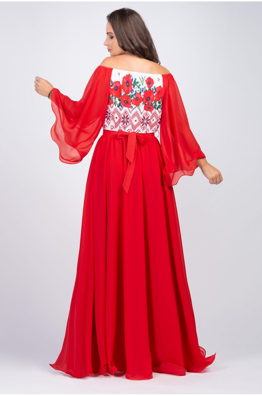 Rochie lunga rosie cu motive traditionale cu maci din voal vaporoasa Salomeea 2 - dyandra.ro