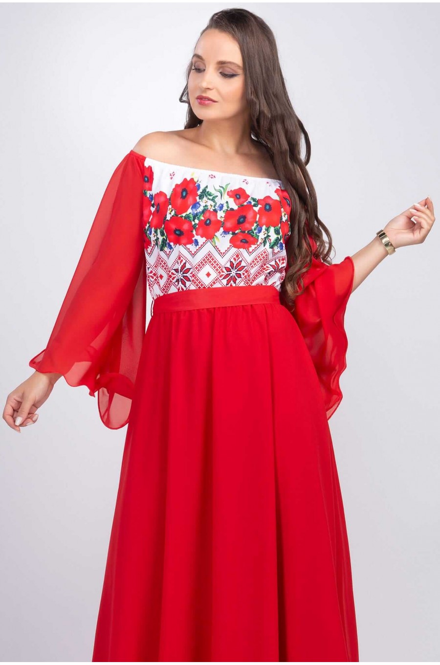Rochie lunga rosie cu motive traditionale cu maci din voal vaporoasa Salomeea 3 - dyandra.ro