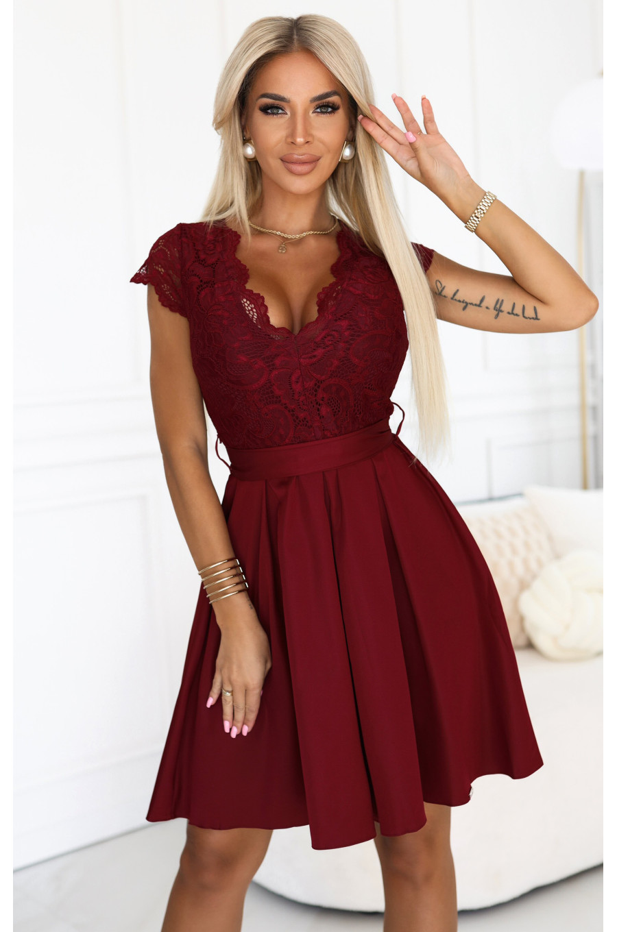 Rochie de ocazie scurta cu dantela burgundy Vivian 1 - dyandra.ro