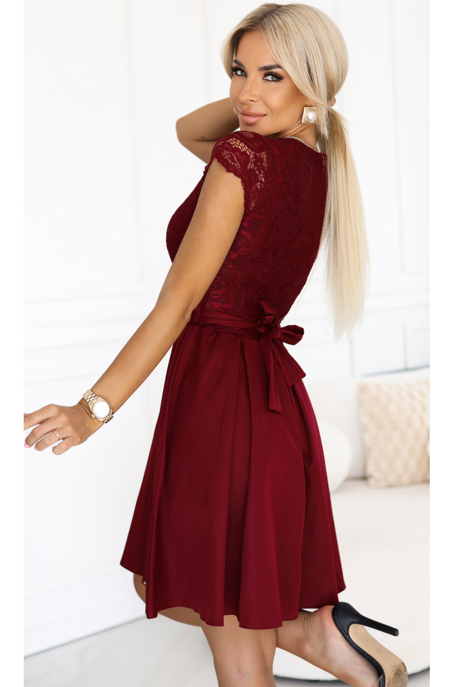 Rochie de ocazie scurta cu dantela burgundy Vivian 2 - dyandra.ro