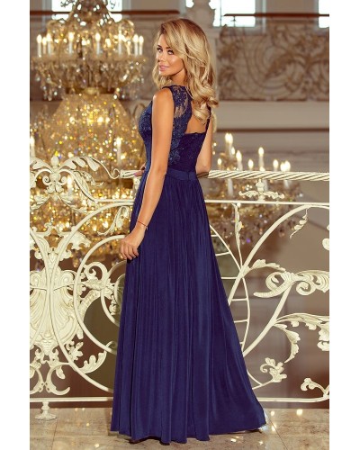 Rochie lunga vaporoasa cu broderie bleumarin Feodora - dyandra.ro