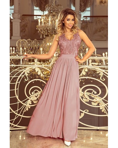 Rochie lunga roz taupe vaporoasa Feodora - dyandra.ro