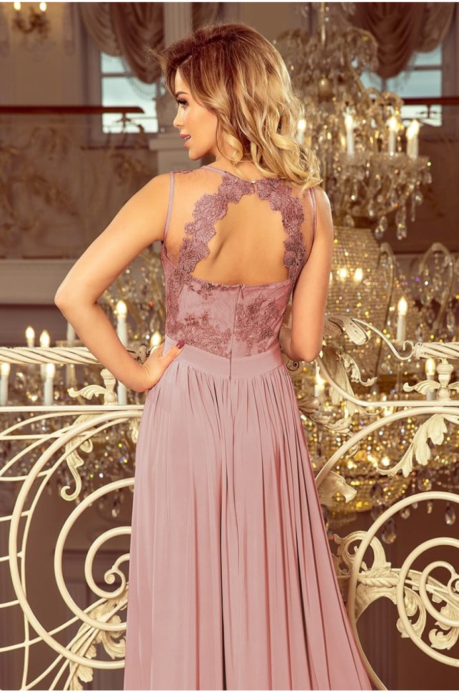 Rochie lunga roz taupe vaporoasa Feodora 4 - dyandra.ro