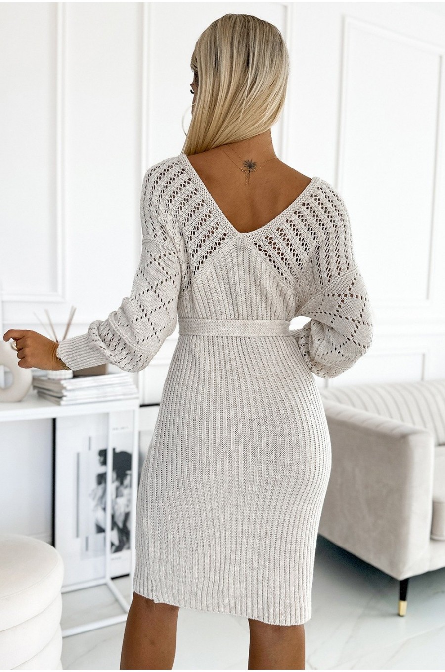 Rochie midi bej mulata tricotata cu maneca lunga Mello Rochie midi bej mulata tricotata cu maneca lunga Mello 2 - dyandra.ro