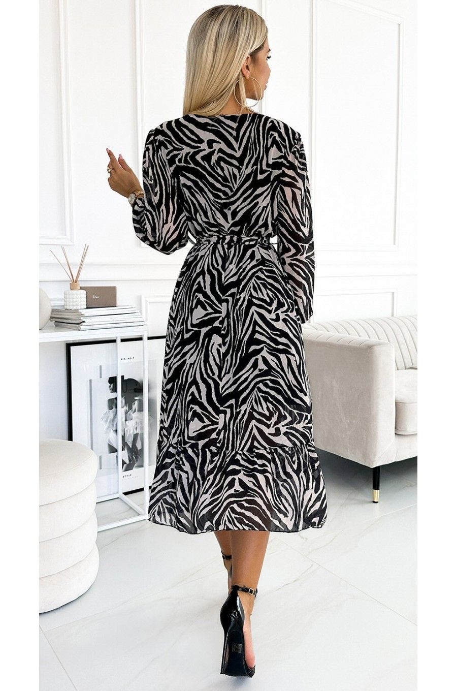 Rochie midi, din chiffon zebra print, bej, cu maneca lunga, vaporoasa, Kitty 2 - dyandra.ro