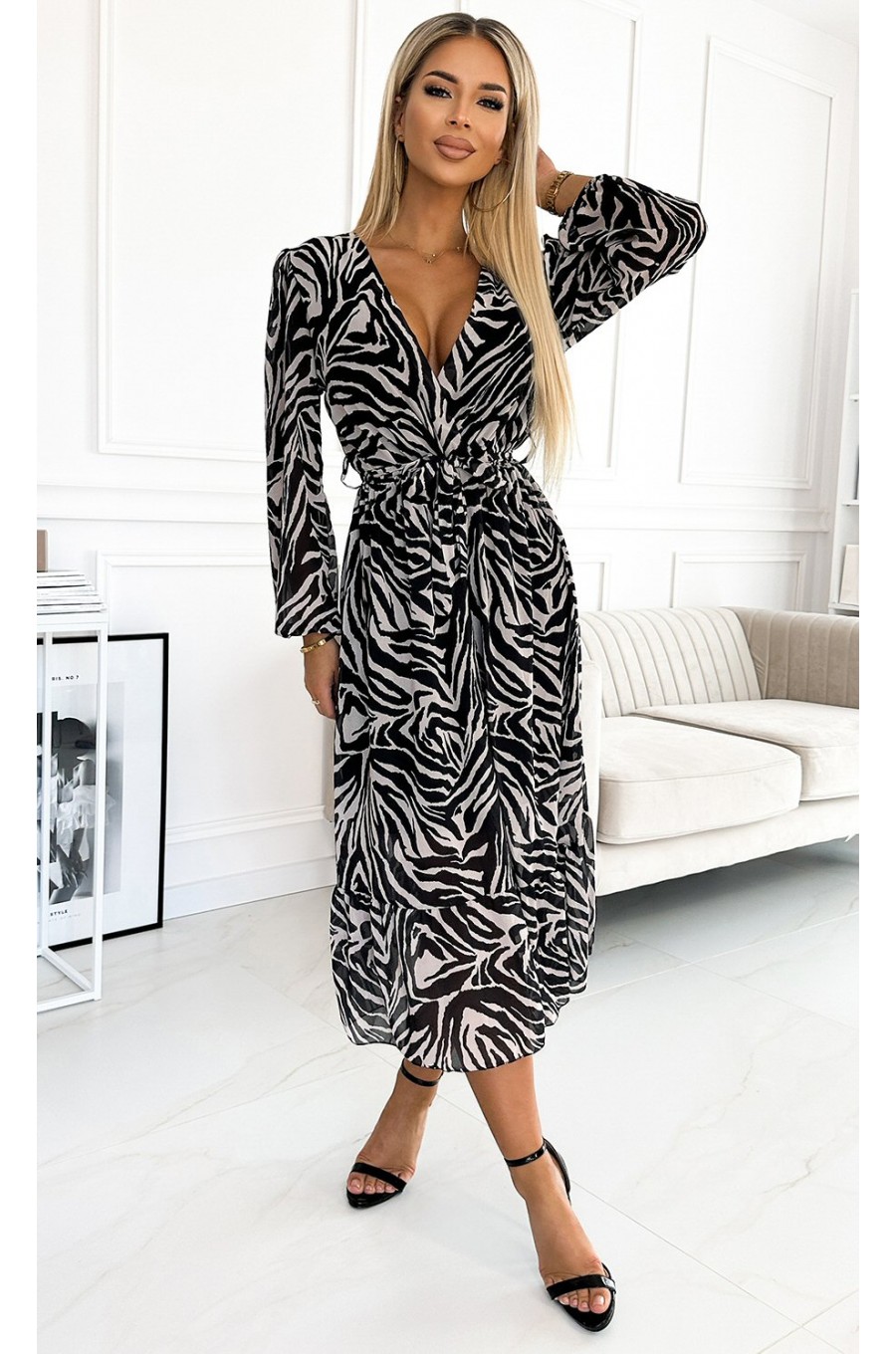 Rochie midi, din chiffon zebra print, bej, cu maneca lunga, vaporoasa, Kitty 3 - dyandra.ro