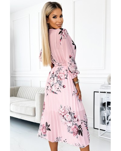 Rochie midi roz pastel cu flori plisata cu maneca lunga Yuna Rochie midi roz pastel cu flori plisata cu maneca lunga Yuna - dyandra.ro