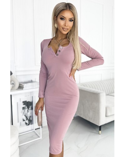 Rochii, Rochie roz prafuit mulata midi cu maneca lunga Keisha - dyandra.ro