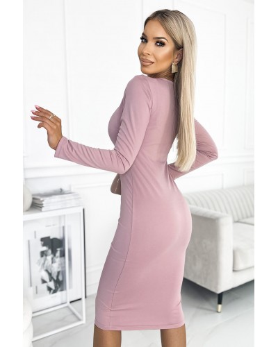 Rochii, Rochie roz prafuit mulata midi cu maneca lunga Keisha - dyandra.ro