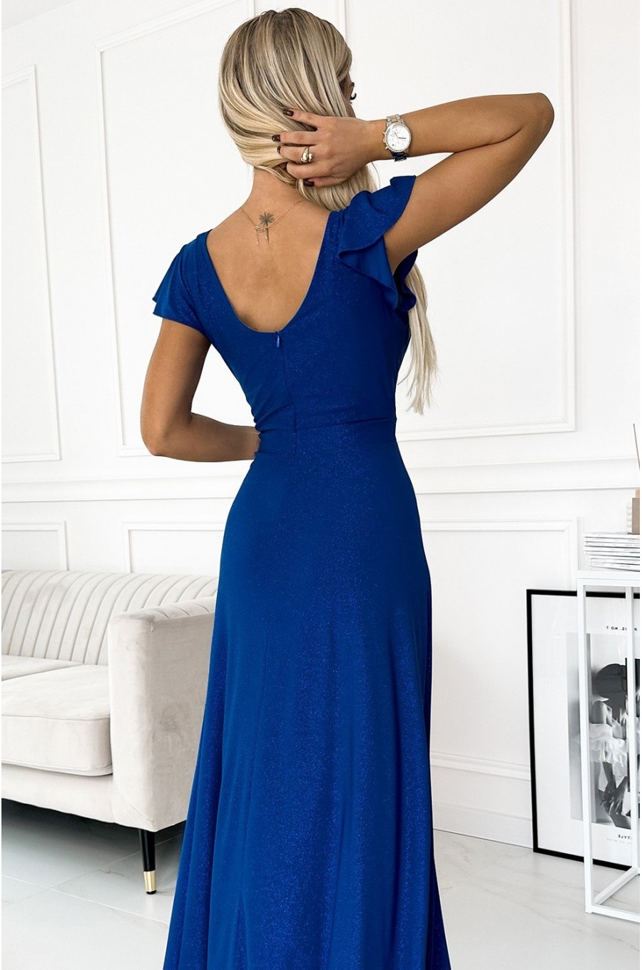Rochie lunga albastra din glitter petrecuta crapata pe picior Cristaliza 4 - dyandra.ro