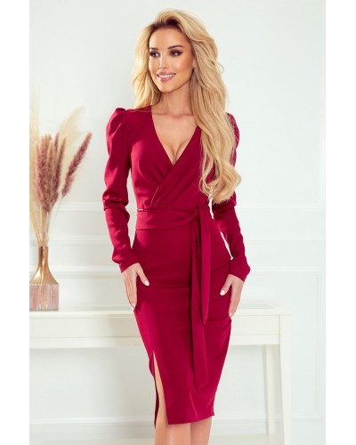 Rochie midi, burgundy, mulata, cu maneca lunga, petrecuta, Amera - dyandra.ro