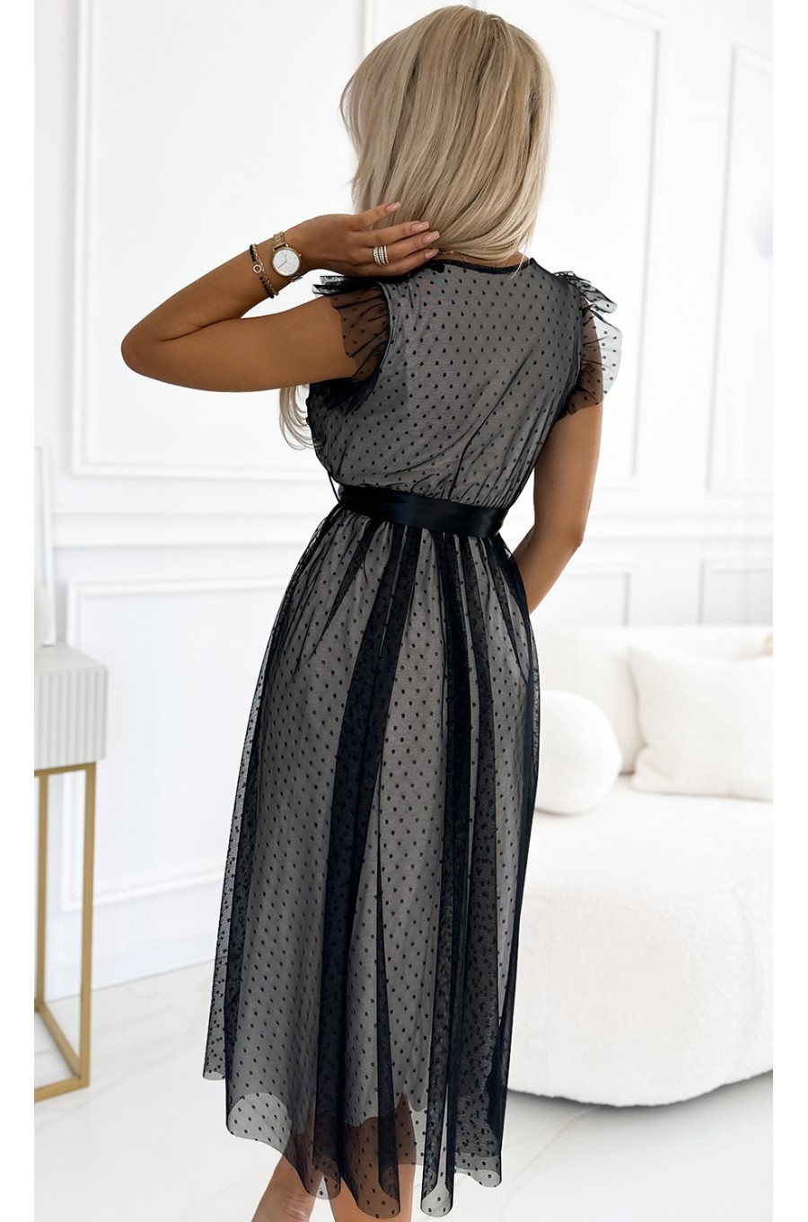 Rochie midi neagra, din tulle cu bulinute, Giuseppina Rochie midi neagra, din tulle cu bulinute, Giuseppina 2 - dyandra.ro