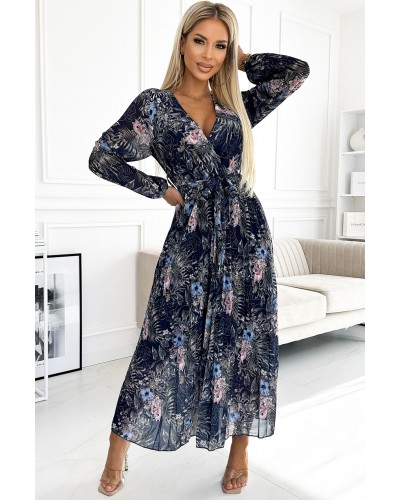 Rochie lunga plisata din voal chiffon bleumarin cu flori bleu cu maneca lunga Colleen - dyandra.ro