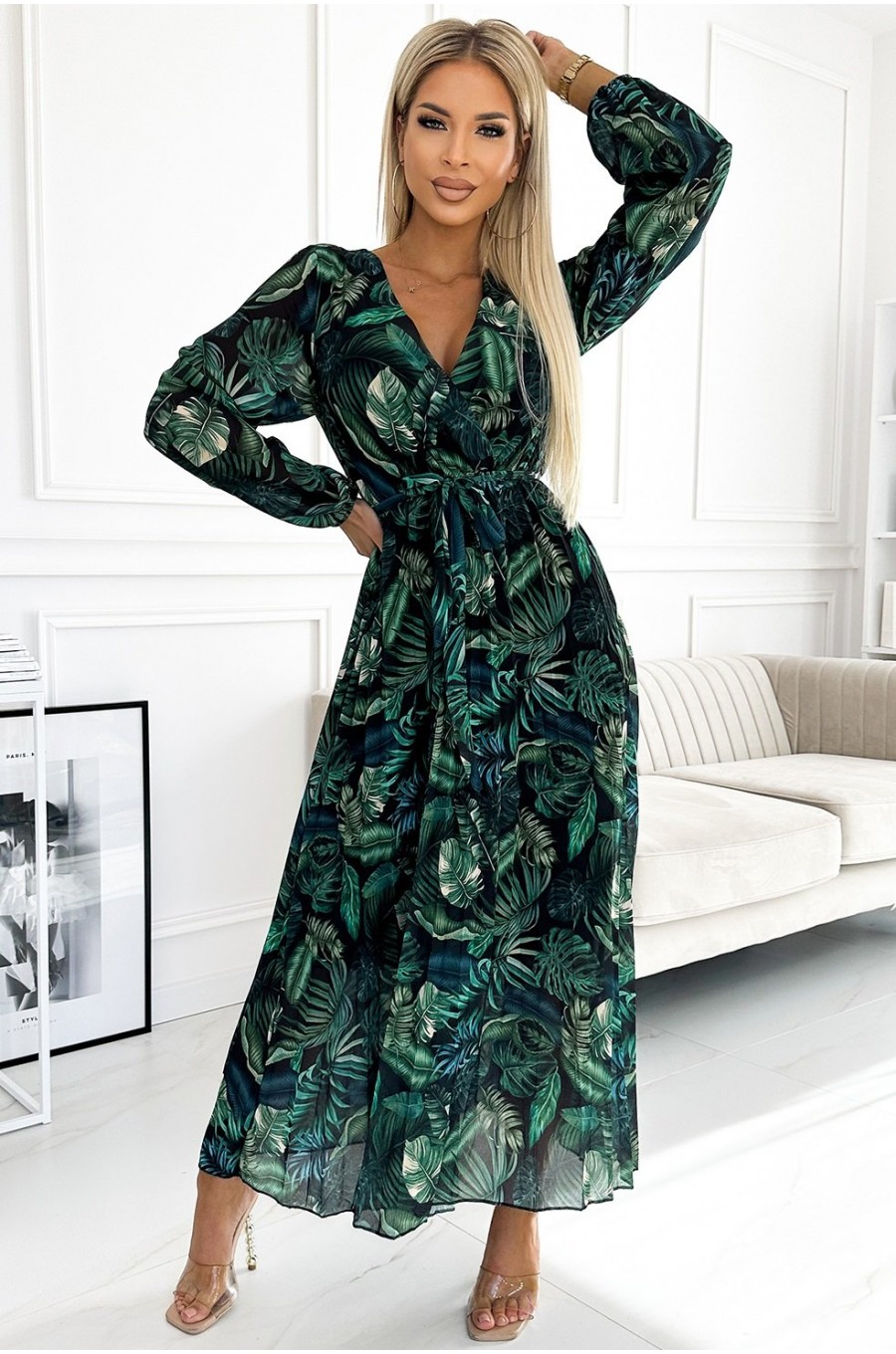 Rochie lunga verde cu frunze plisata din voal chiffon cu maneca lunga Colleen 1 - dyandra.ro