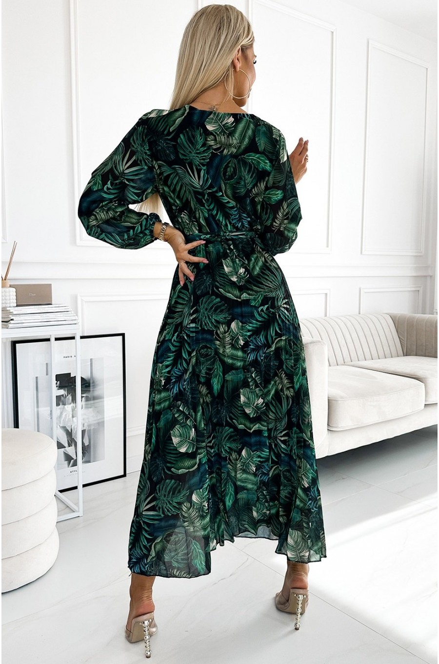Rochie lunga verde cu frunze plisata din voal chiffon cu maneca lunga Colleen 2 - dyandra.ro