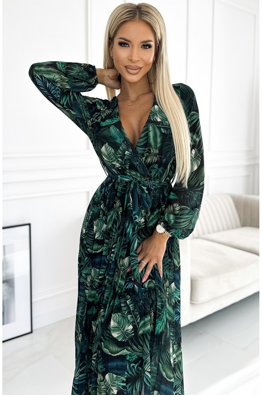 Rochie lunga verde cu frunze plisata din voal chiffon cu maneca lunga Colleen 3 - dyandra.ro