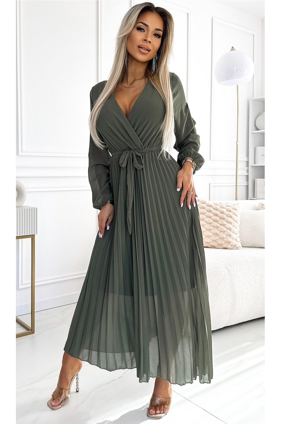 Rochie plisata din voal sifon kaki cu maneca lunga vaporoasa Nuur 1 - dyandra.ro