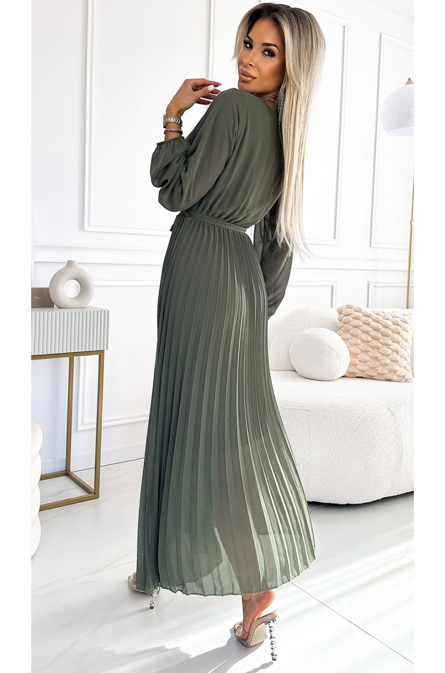 Rochie plisata din voal sifon kaki cu maneca lunga vaporoasa Nuur 2 - dyandra.ro