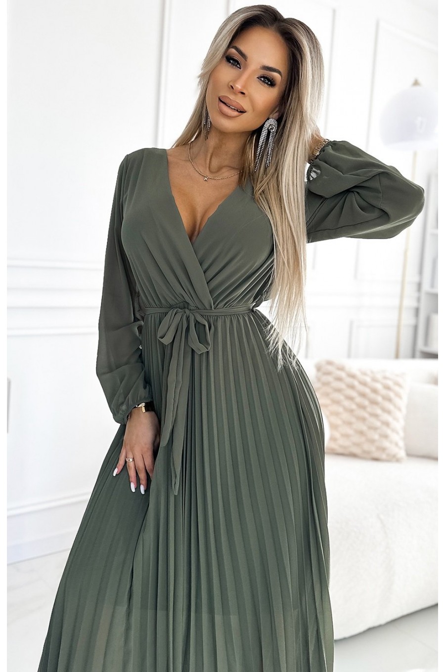 Rochie plisata din voal sifon kaki cu maneca lunga vaporoasa Nuur 3 - dyandra.ro