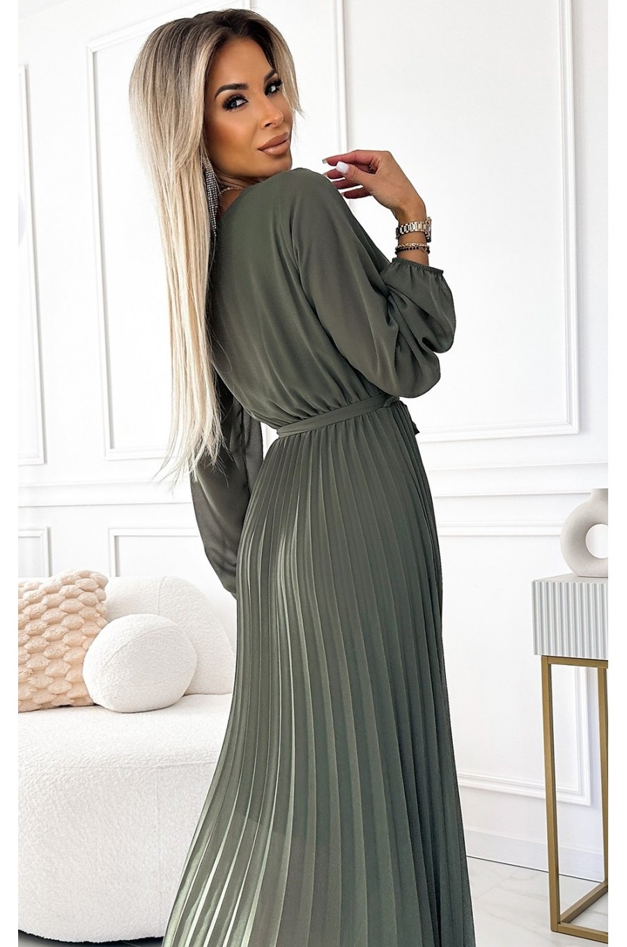 Rochie plisata din voal sifon kaki cu maneca lunga vaporoasa Nuur 4 - dyandra.ro