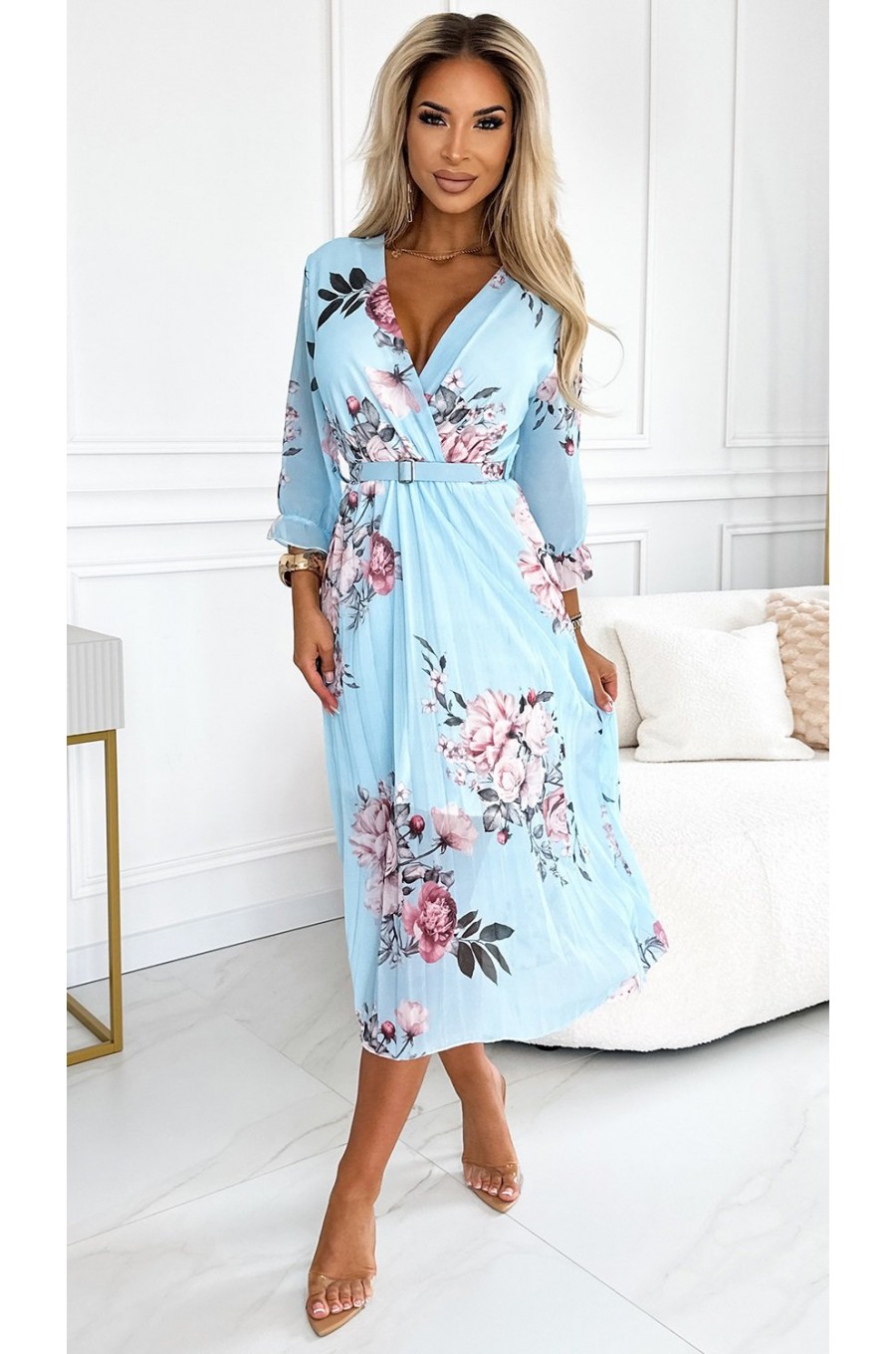 Rochie midi bleu cu flori vaporoasa plisata cu maneca lunga Yuna Rochie midi bleu cu flori vaporoasa plisata cu maneca lunga Yuna 3 - dyandra.ro