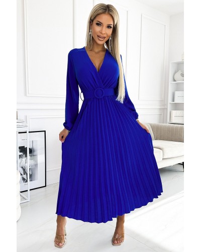 Rochie midi albastra din voal plisata cu maneca lunga Viviana - dyandra.ro