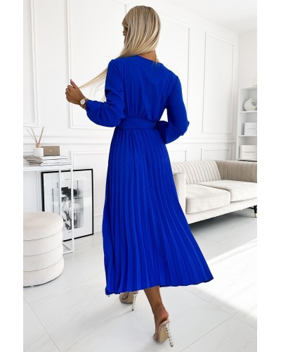 Rochie midi albastra din voal plisata cu maneca lunga Viviana - dyandra.ro