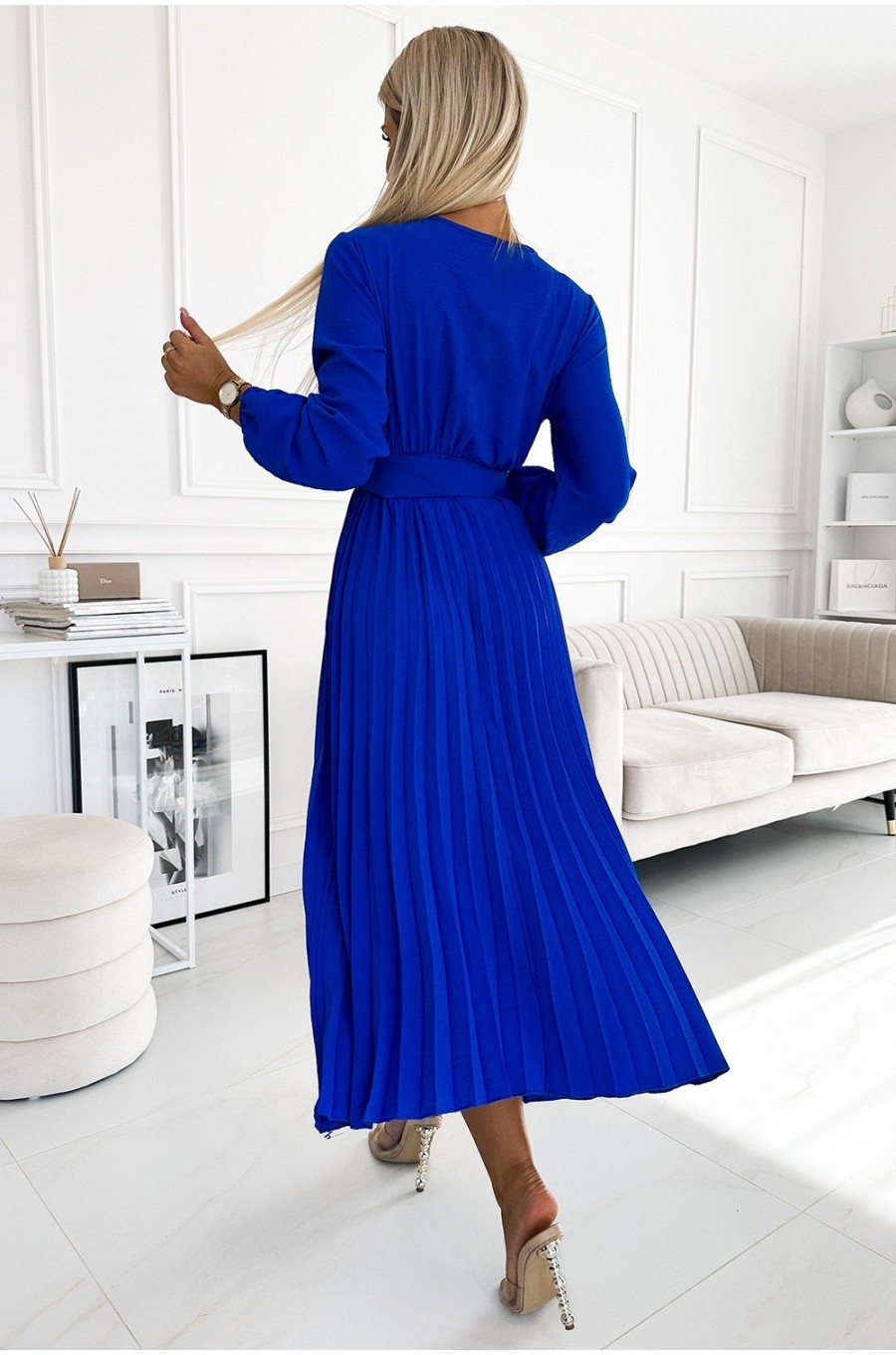 Rochie midi albastra din voal plisata cu maneca lunga Viviana Rochie midi albastra din voal plisata cu maneca lunga Viviana 2 - dyandra.ro
