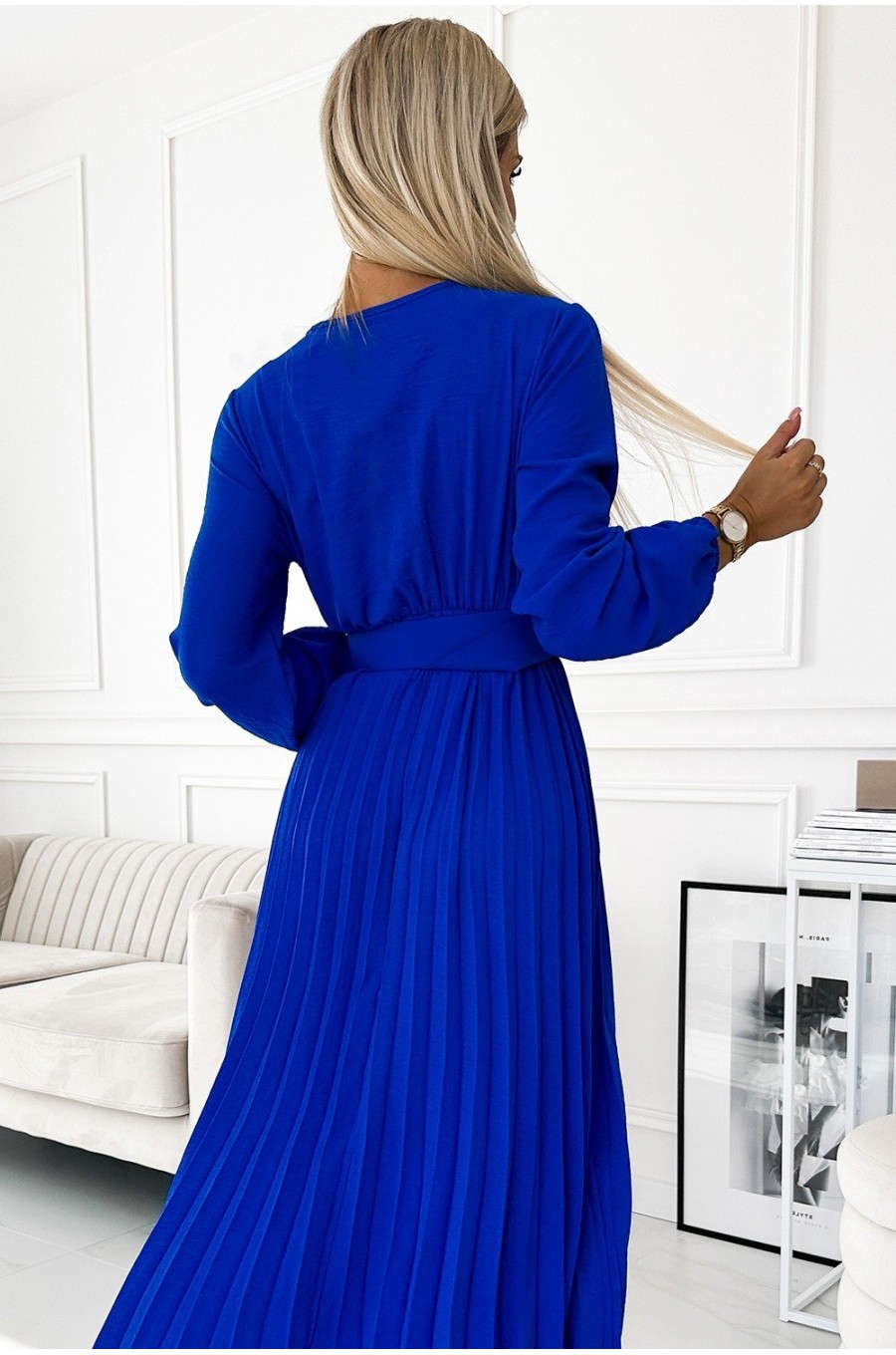 Rochie midi albastra din voal plisata cu maneca lunga Viviana Rochie midi albastra din voal plisata cu maneca lunga Viviana 4 - dyandra.ro
