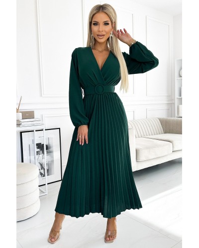 Rochie midi verde smarald din voal plisata cu maneca lunga Viviana - dyandra.ro