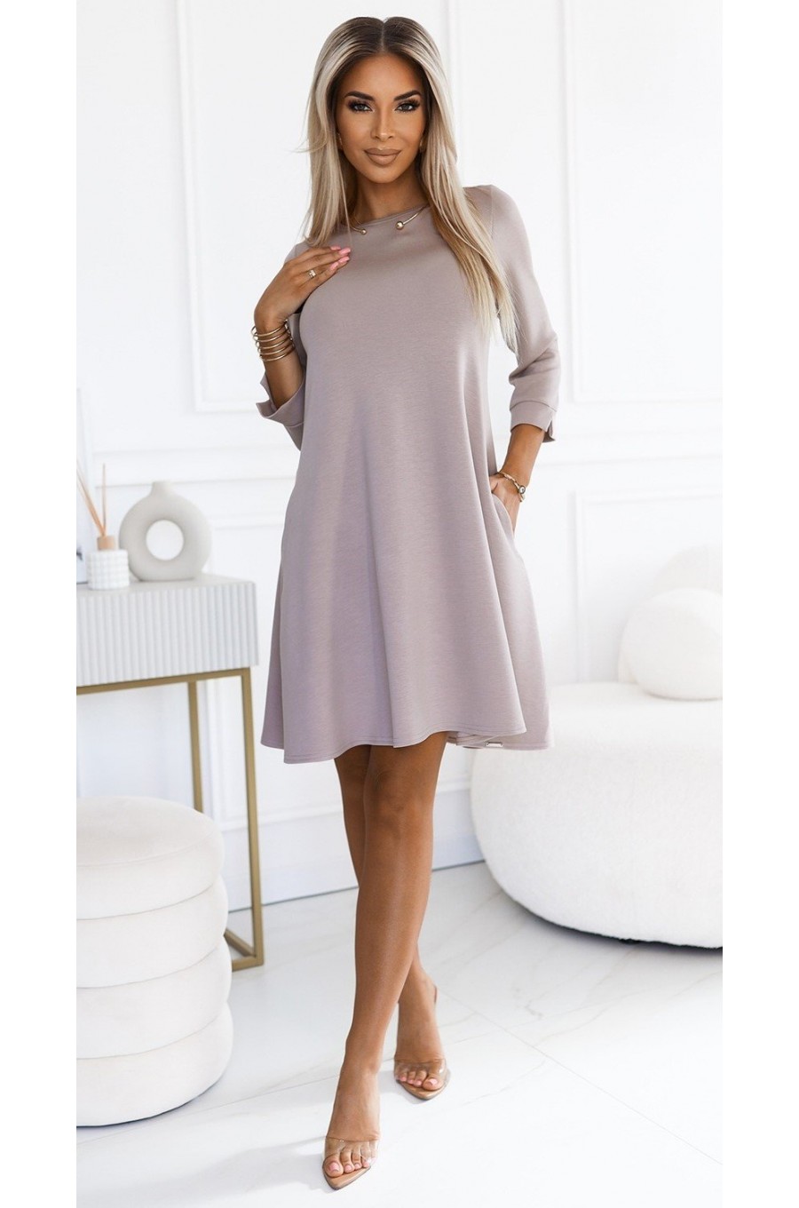 Rochie scurta A-line bej cu maneca lunga Shenya Rochie scurta A-line bej cu maneca lunga Shenya 4 - dyandra.ro
