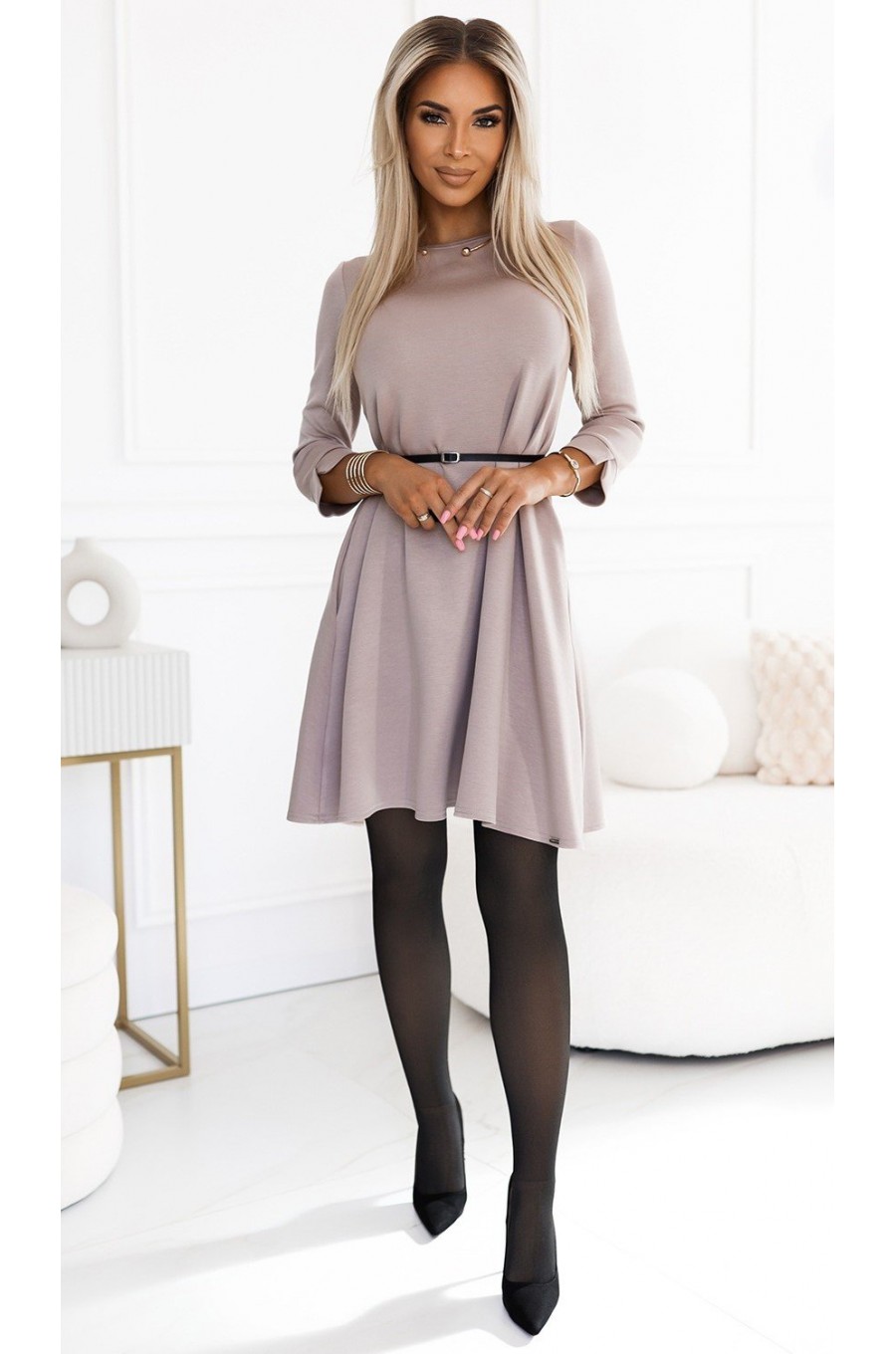 Rochie scurta A-line bej cu maneca lunga Shenya Rochie scurta A-line bej cu maneca lunga Shenya 5 - dyandra.ro