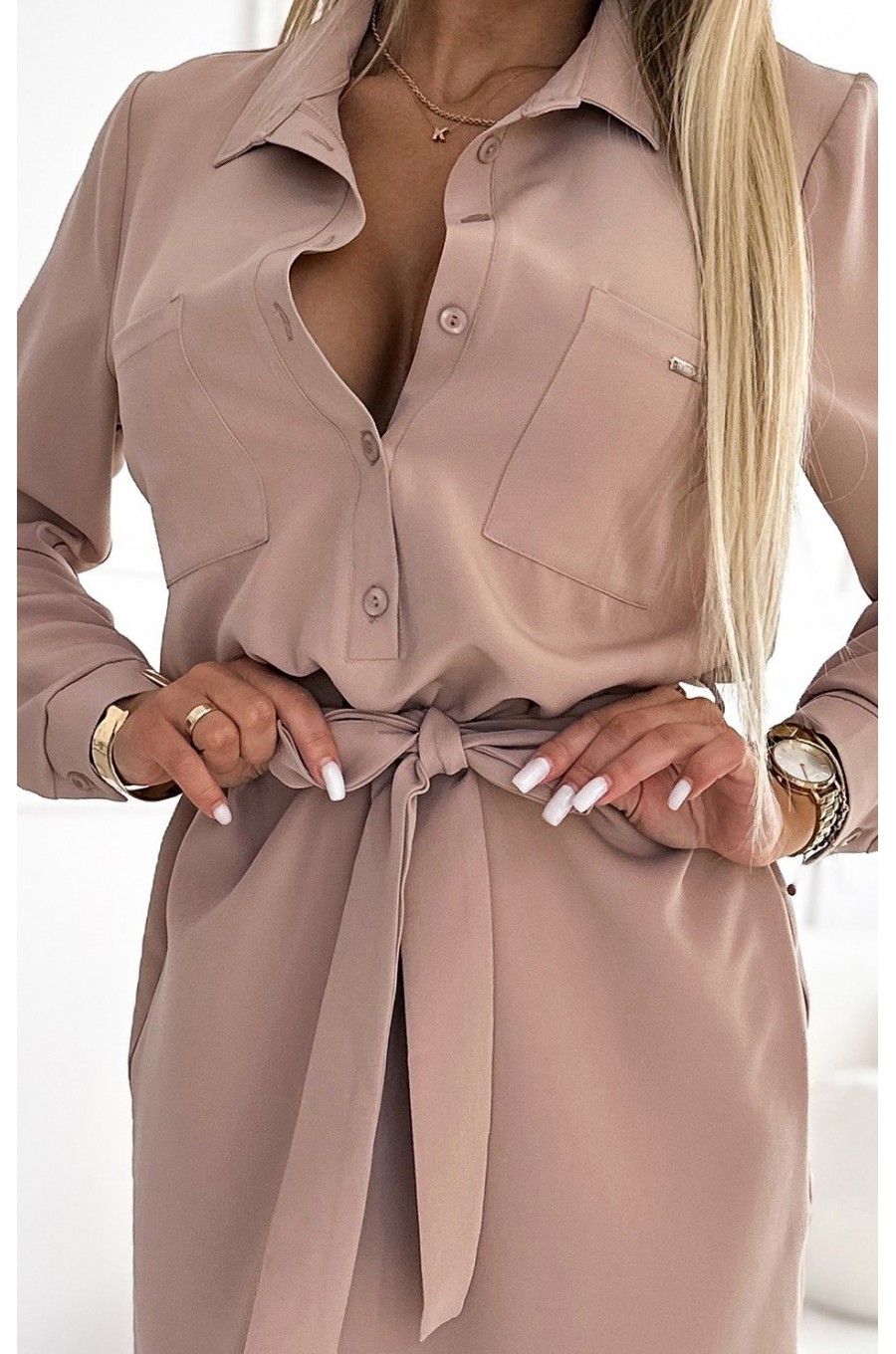 Rochie tip camasa bej scurta cu maneca lunga Flavya 4 - dyandra.ro