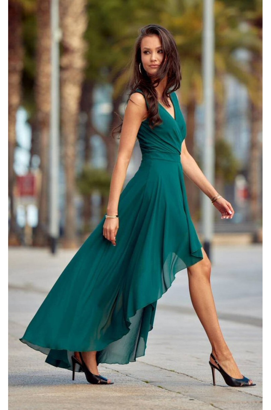 Rochie lunga verde din voal asimetrica vaporoasa petrecuta Fiona 2 - dyandra.ro