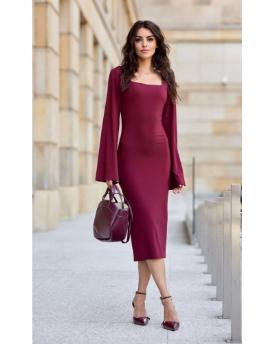 Rochie midi clasica din vascoza burgundy cu maneca lunga JanetR - dyandra.ro