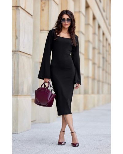 Rochie midi neagra din vascoza cu maneca lunga clasica JanetR - dyandra.ro