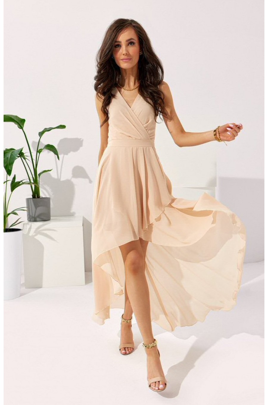 Rochie cununie civila lunga, din voal bej, asimetrica, vaporoasa, petrecuta, Fiona 1 - dyandra.ro